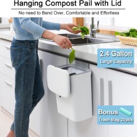 Tiyafuro 2.4 Gallon Hanging Trash Can – Wall Mount Kitchen Compost Bin for Under Sink or Countertop, Odorless Lid & Easy Clean Design (White)