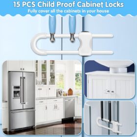 Modacraft Child Safety Cabinet Locks – 15 Pack U-Shaped Baby Proofing Latches for Handles & Knobs – No Drill, Adjustable Sliding Security for Kitchen, Bathroom & Drawings