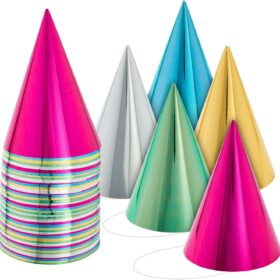 BLUE PANDA 50-Count Metallic Party Hats - Bulk Cone Hats Set in Blue, Green, Gold, Silver & Hot Pink for Birthday Celebrations