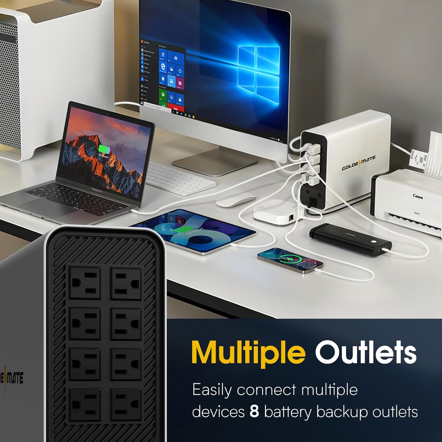 GOLDENMATE 1000VA/600W LiFePO4 UPS Battery Backup & Surge Protector | 10-Year Lifespan, Pure Sine Wave, Auto-Shutdown Port, LCD Display, 8 Outlets (White, 2025 Pro Version)