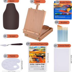 All-in-One Tabletop Easel Acrylic Paint Set – 40-Piece Portable Art Kit with Wooden Easel Box, 24 Colors, Brushes, Canvases & Accessories – Ultimate Beginner & Artist Gift