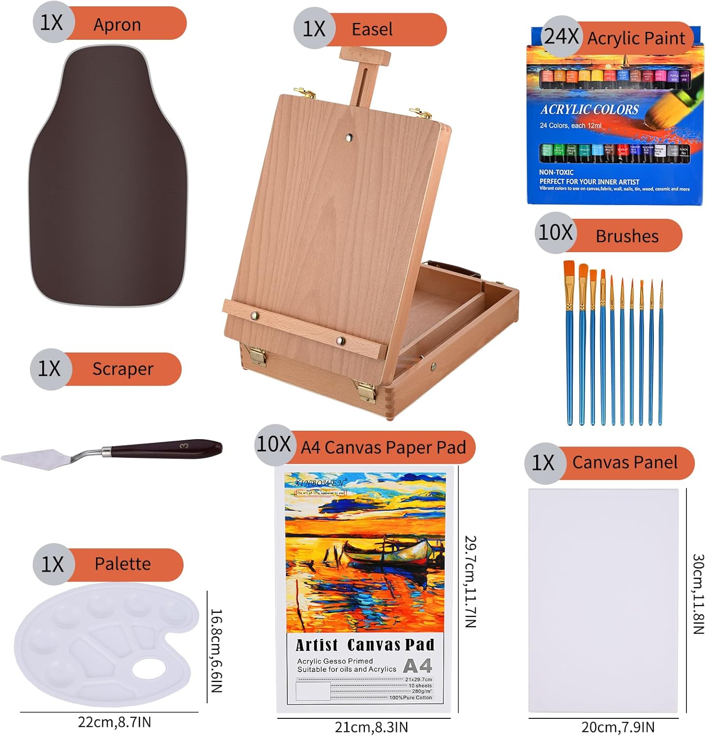 All-in-One Tabletop Easel Acrylic Paint Set – 40-Piece Portable Art Kit with Wooden Easel Box, 24 Colors, Brushes, Canvases & Accessories – Ultimate Beginner & Artist Gift