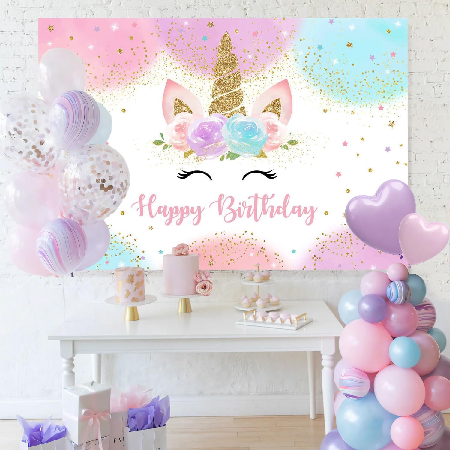 Mocsicka Unicorn Backdrop for Girls Birthday Party Decorations - 5x3ft Pastel Rainbow Photography Banner with Glitter Stars & Dots