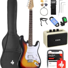 Donner DST-100S Full Size Electric Guitar Starter Kit – 39 Inch Solid Body with HSS Pickups, Amp, Bag, Tuner, and Accessories – Sunburst