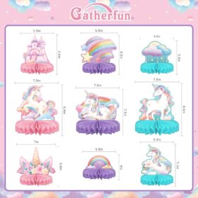 Unicorn Birthday Party Supplies - 9Pcs Rainbow Honeycomb Centerpieces & Table Decorations for Magical Kids Parties