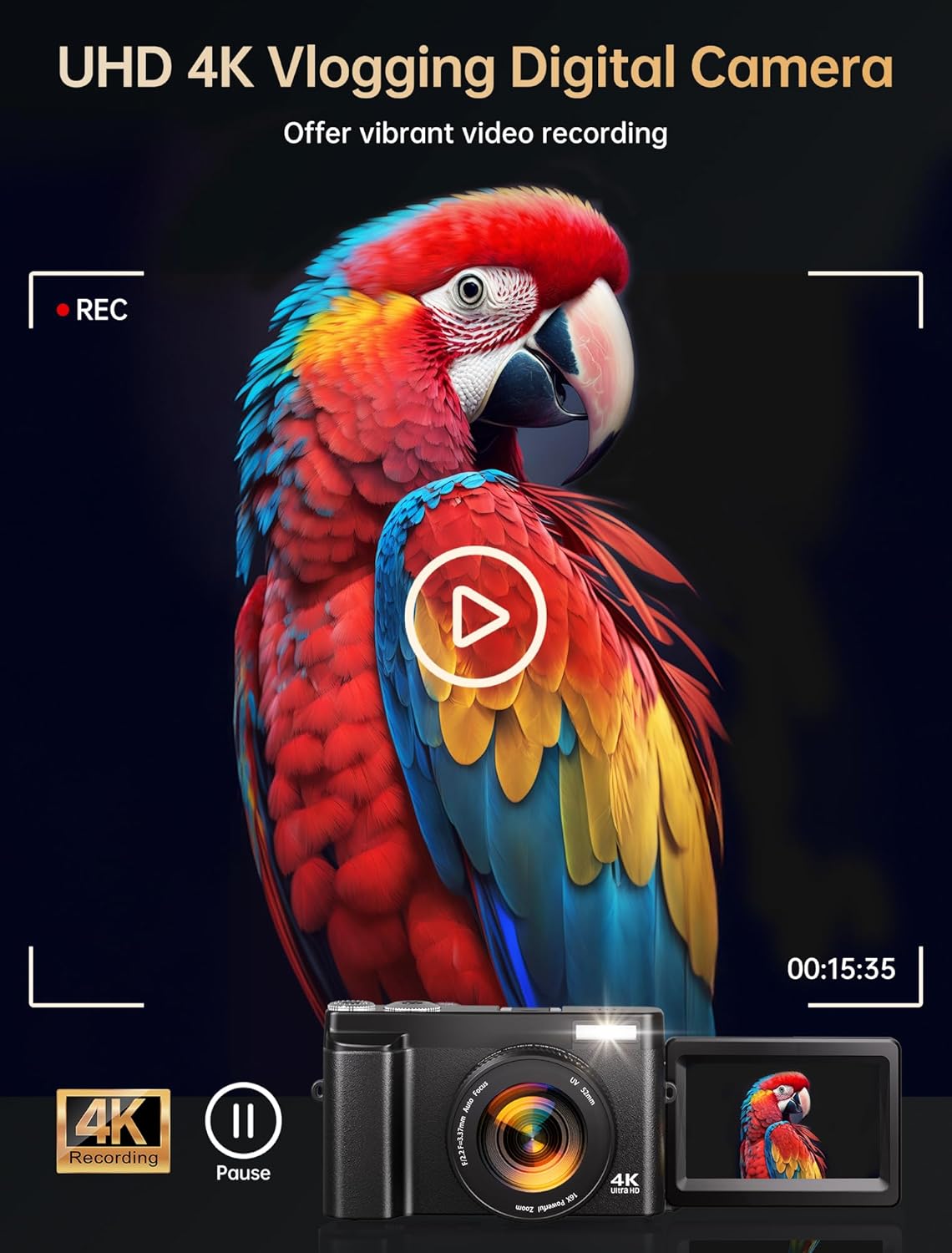 4K Vlogging Camera for Photography with 180° Flip Screen, 64MP Autofocus Point & Shoot Digital Camera, 16X Zoom WiFi for YouTube & Live Streaming (Includes 32GB SD Card & 2 Batteries)