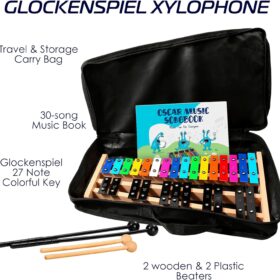 MINIARTIS 27-Note Glockenspiel Xylophone – Colorful Percussion Instrument with 2 Octave Range, Carrying Case & Songbook for Kids & Adults