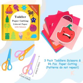 Toddler Safety Scissors and Cutting Practice Paper Set – 3 Pack Spring-Action Training Scissors with 96 Activity Sheets for Kids Preschool Crafts