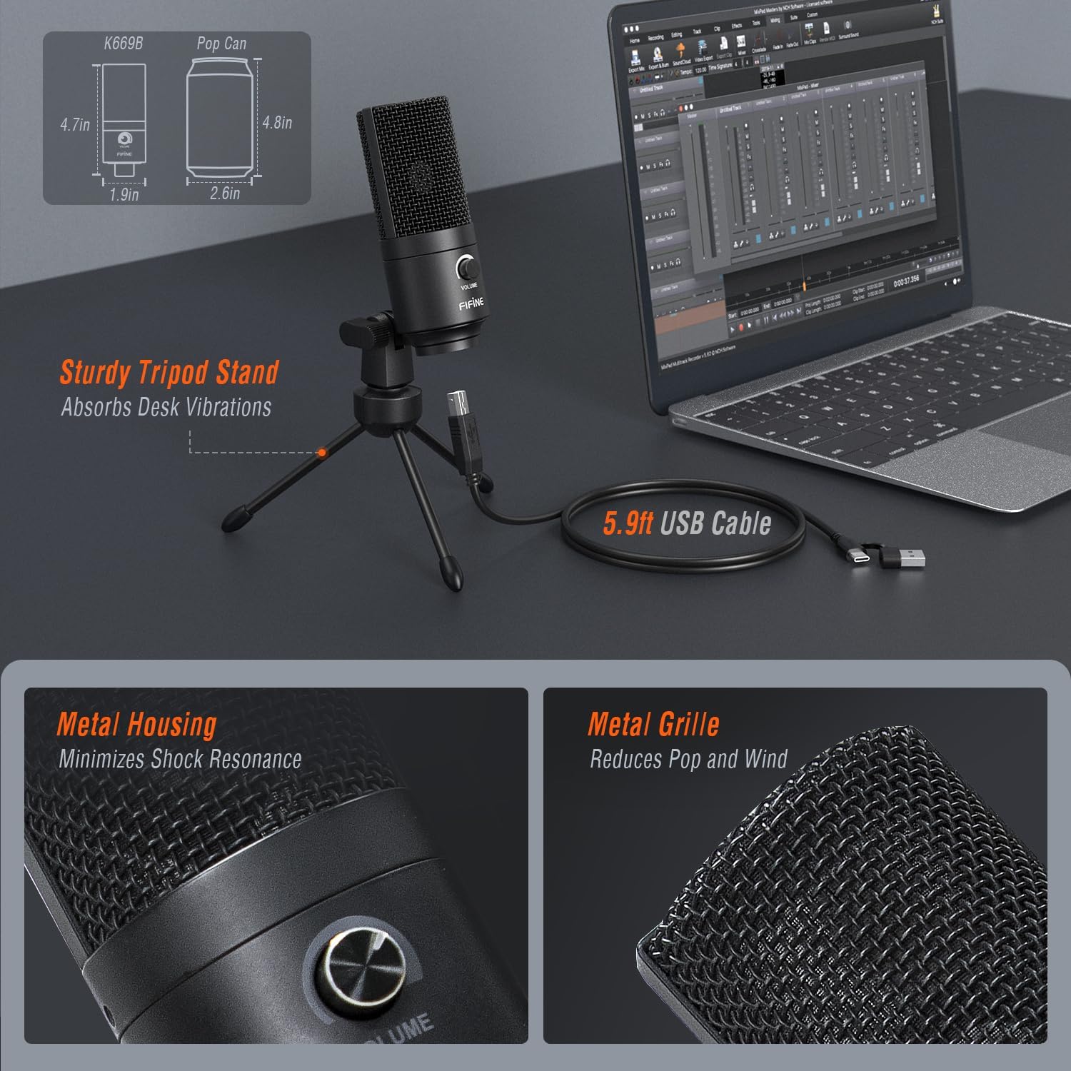 FIFINE K669B USB Condenser Microphone – Plug & Play Metal Studio Mic for PC, PS4/PS5, Podcasting, Streaming, and Voice Overs