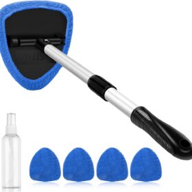 AstroAI 15.9-21in Extendable Windshield Cleaner Tool - Car Interior Detailing Kit with 5 Microfiber Pads, 180° Pivot Head & Anti-Streak Cloths for Auto Glass & Home Windows