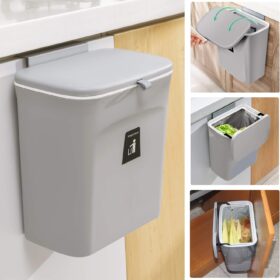 Tiyafuro 2.4 Gallon Hanging Trash Can – Mountable Kitchen Compost Bin with Lid for Under Sink, Cabinet Door, or Countertop Storage (Gray)