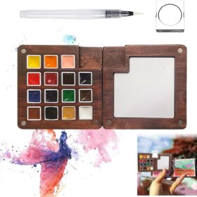 Walnut Wood Mini Watercolor Palette Travel Set – Portable 15-Color Pocket Paint Kit with Brush Pen & Magnet Clip for Artists & Students