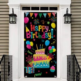 GYA Black Colorful Happy Birthday Door Banner - 180x90cm Polyester Porch Sign with Copper Grommets - Reusable Party Decoration for Kids, Babies, & Showers