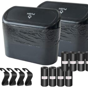 KITBEST Car Trash Can with Lid (2-Pack) – Mini Portable Garbage Bin for Auto, Truck, & Office – Includes 120 Bags & 4 Hooks