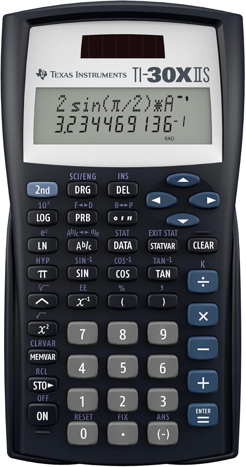 Texas Instruments TI-30XIIS Scientific Calculator – Solar & Battery Powered, Dual Display, Approved for SAT/ACT/AP Exams (Bulk Packaging)