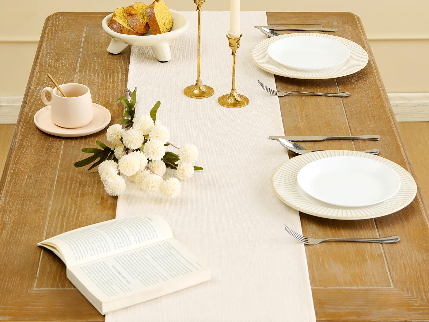 YATOJUZI Farmhouse Table Runner - 72 Inch Neutral Beige Polyester Table Decor for Dining Room, Kitchen, & Parties - 13x72 Inch Cream Tablecloth
