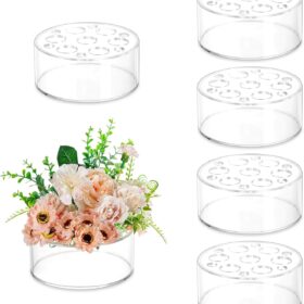 Hewory Acrylic Flower Vases – 6 Pack Round Centerpiece Boxes with 13-Hole Lids, 2.56”H Clear Floral Arrangers for Weddings & Home Décor