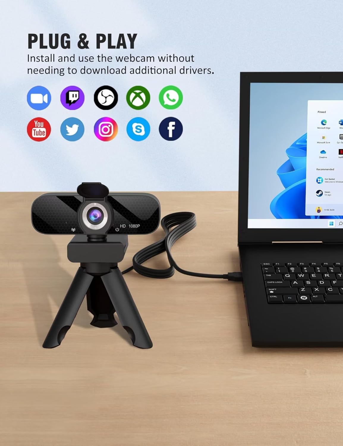 Tewiky 1080P Full HD Webcam with Microphone, Privacy Cover & Tripod – Plug & Play USB Web Camera for PC, Laptop & Desktop