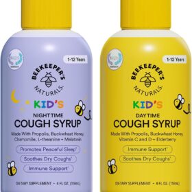 Beekeeper's Naturals Kids Cough Syrup Bundle – Day & Night Immune Support with Elderberry & Raw Honey – Soothing Throat Relief – 2 Pack (4 fl oz each)