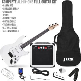 LyxPro 39-Inch Electric Guitar Starter Kit – Full Size, with 20W Amp, Tuner, Accessories & Gig Bag – Ideal for Beginners (White)