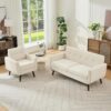 Kingfun Mid-Century Modern Loveseat Set with Accent Chair – Button Tufted Linen Upholstered Sofa & Chair Set for Living Room, Beige