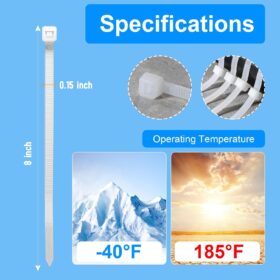 100 Pack 8-Inch White UV Resistant Cable Ties – Heavy Duty 40 lb Tensile Strength Nylon Zip Ties for Indoor, Outdoor & Industrial Use