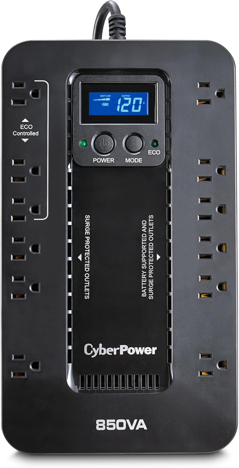 CyberPower EC850LCD Ecologic UPS Battery Backup & Surge Protector (850VA/510W) – 12 Outlets, AVR, LCD Display, and ECO Mode