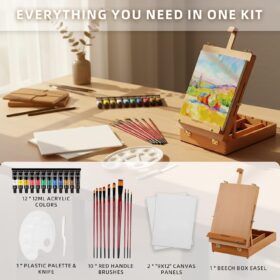 Falling in Art Beechwood Desktop Easel Set – 27-Piece All-in-One Acrylic Painting Kit with Portable Box Easel, Canvas Panels, Brushes & Pigments – Complete Art Supply Set for Adults, Beginners & Professionals
