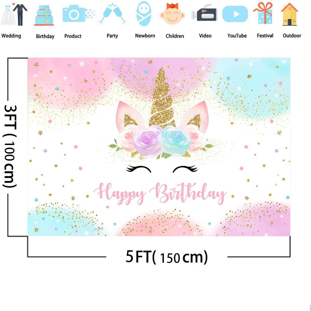 Mocsicka Unicorn Backdrop for Girls Birthday Party Decorations - 5x3ft Pastel Rainbow Photography Banner with Glitter Stars & Dots