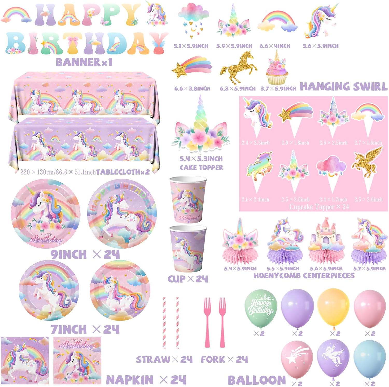 189-Piece Unicorn Party Decorations Set – Rainbow Themed Birthday Tableware & Party Supplies for Girls