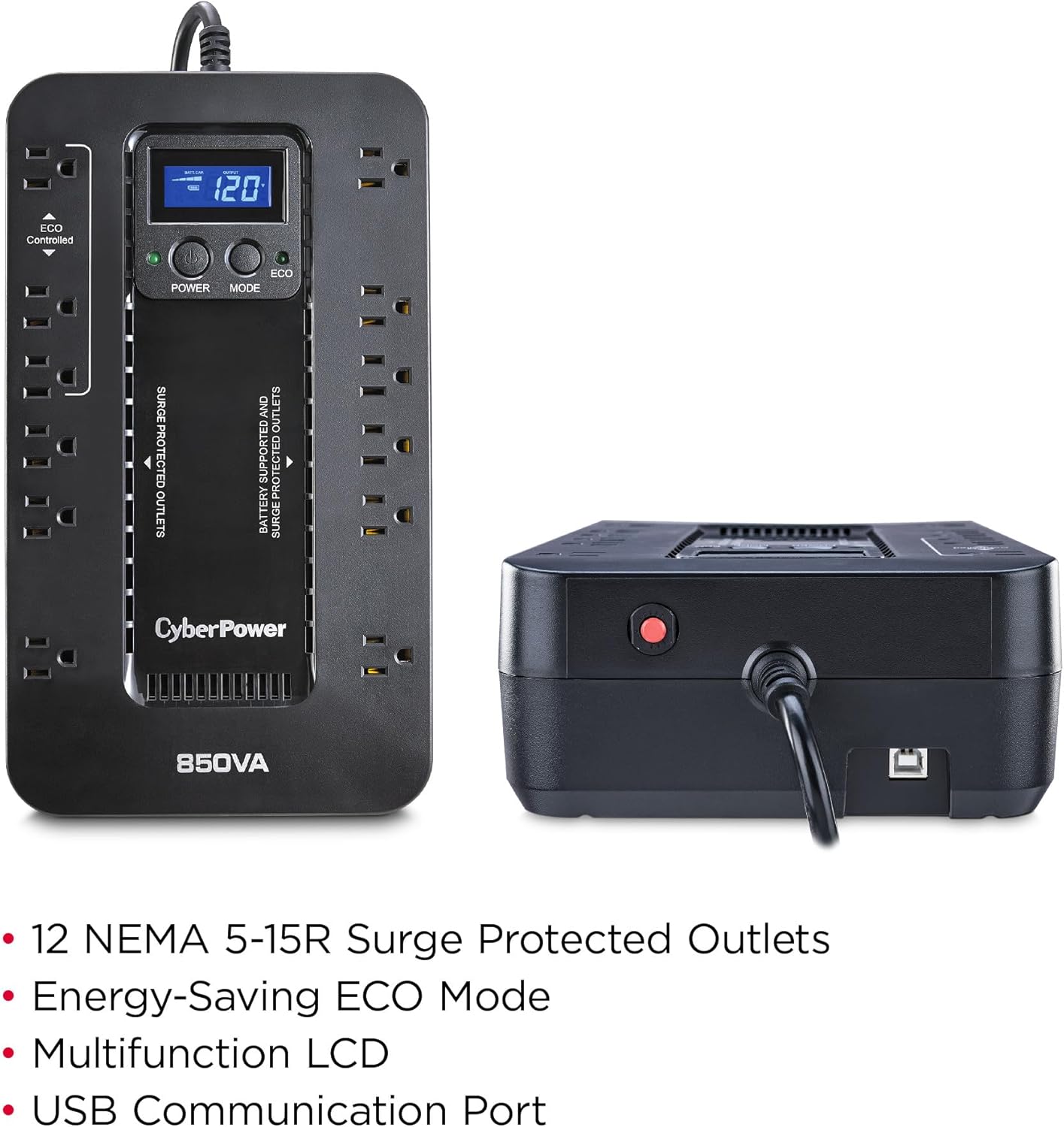 CyberPower EC850LCD Ecologic UPS Battery Backup & Surge Protector (850VA/510W) – 12 Outlets, AVR, LCD Display, and ECO Mode