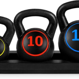 Best Choice Products 3-Piece Kettlebell Set with Storage Rack | 5lb, 10lb, 15lb HDPE Concrete Weights for Strength Training, HIIT, and Home Gym Workouts