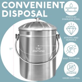 EPICA Stainless Steel Countertop Compost Bin – 1.3 Gallon Odorless Kitchen Composter with Airtight Lid & Activated Carbon Filter