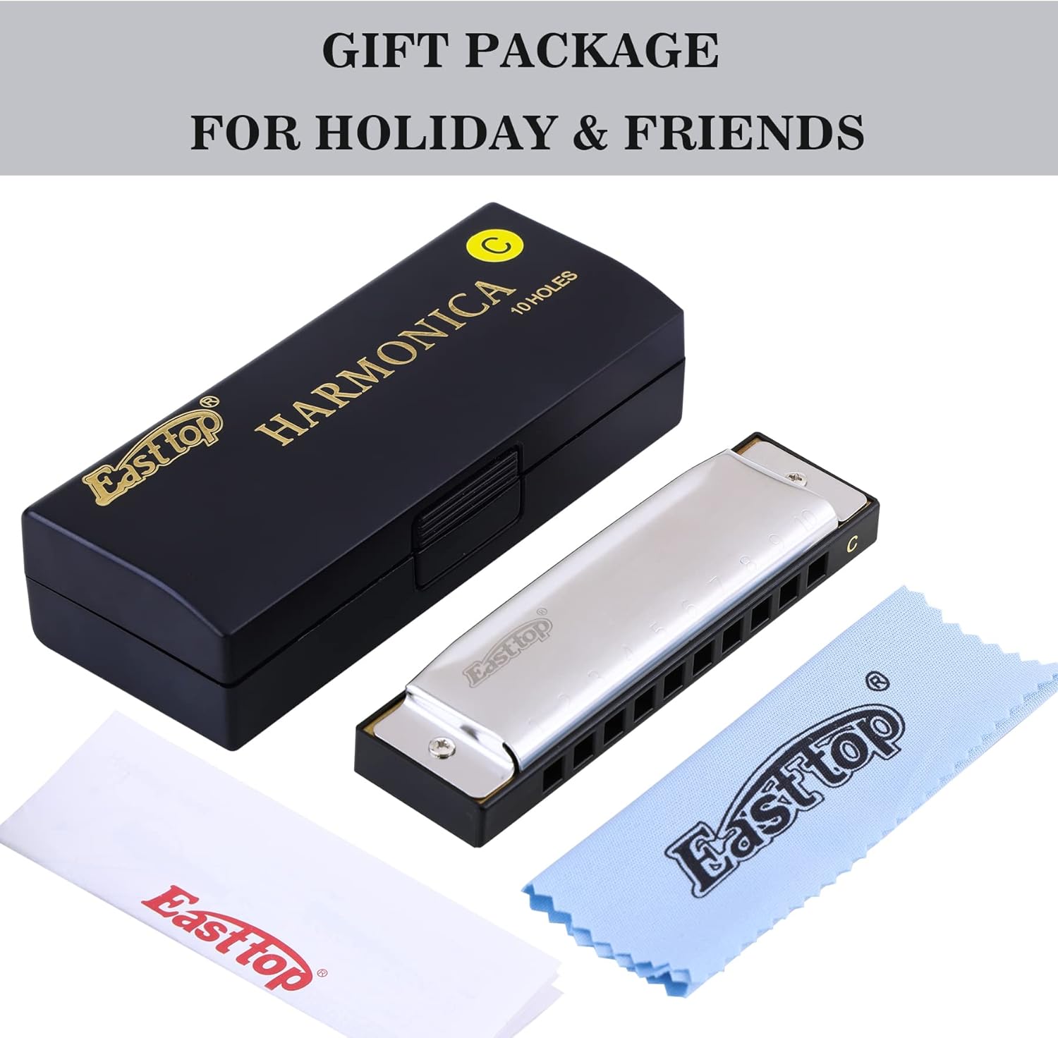 East top Diatonic Harmonica in C – Professional 10 Hole Blues Harp with Stainless Steel Cover & ABS Comb – Includes Zipper Case and Cleaning Cloth for All Skill Levels