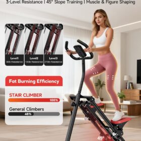 Compact Foldable Stair Stepper with Resistance Bands – Ultra-Quiet Home Cardio Machine with LCD Monitor, Non-Slip Pedals, and 3 Adjustable Height Levels