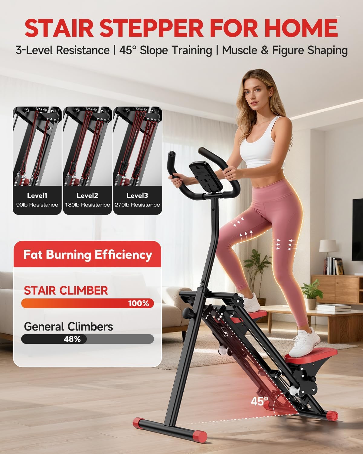 Compact Foldable Stair Stepper with Resistance Bands – Ultra-Quiet Home Cardio Machine with LCD Monitor, Non-Slip Pedals, and 3 Adjustable Height Levels