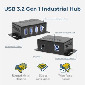 Coolgear Industrial USB 3.2 Hub – 4-Port 5Gbps Metal Splitter with Mounting Brackets, Surge Protection & ESD Defense