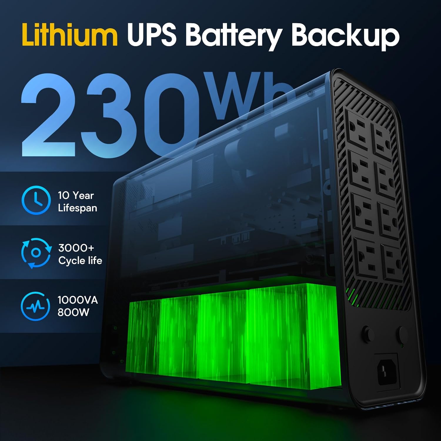 GOLDENMATE 1000VA/800W LiFePO4 UPS Battery Backup & Surge Protector – Pure Sine Wave, 10-Year Lifespan, 8 Outlets, LCD Display