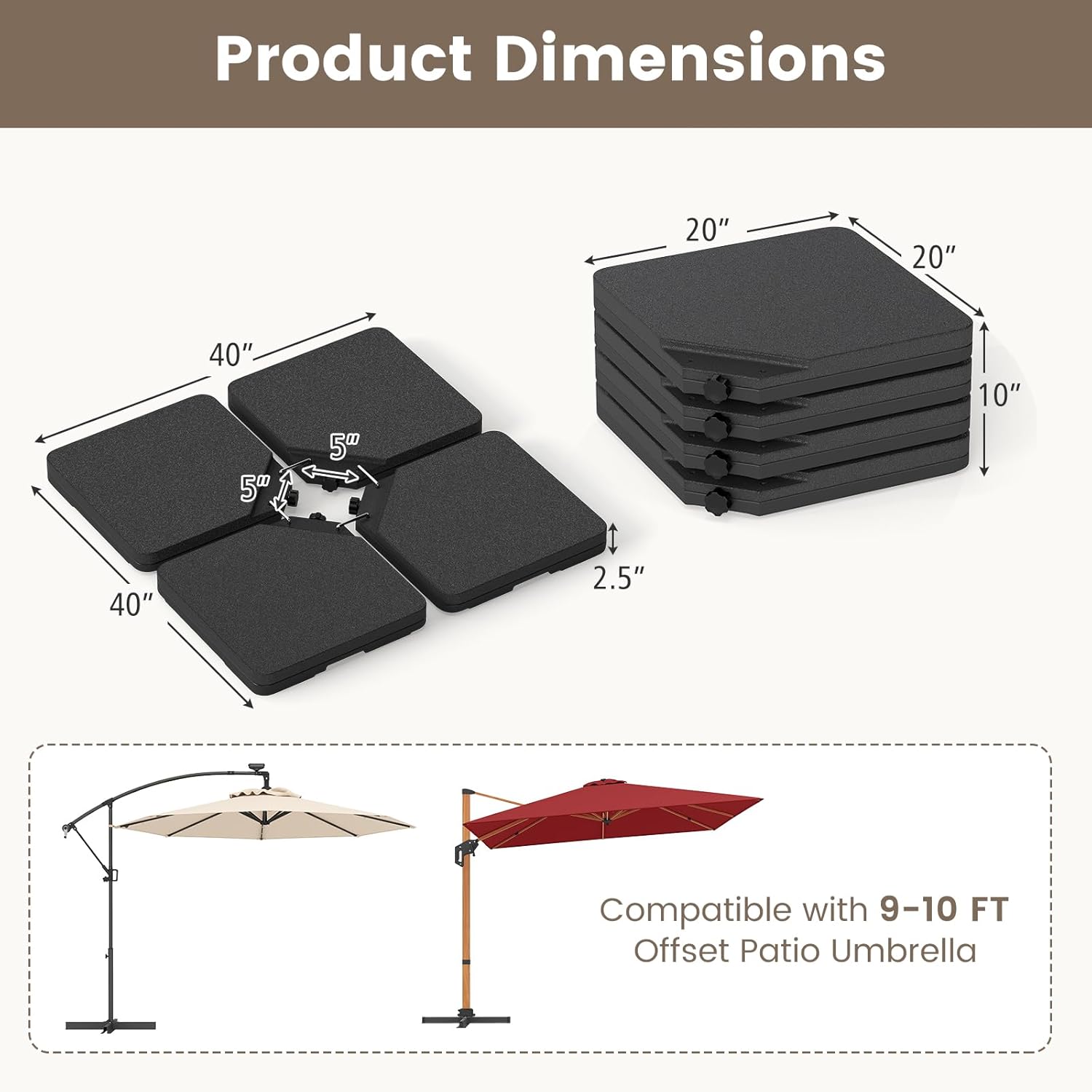 Giantex Heavy-Duty 4-Piece Offset Umbrella Base – 225 lbs Capacity Fillable Cantilever Stand with Water & Sand Reservoirs, Weather-Resistant HDPE Weight Plates for Patio, Poolside & Garden