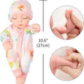 10 Inch Soft Silicone Reborn Baby Doll - Realistic Sleeping Newborn Doll with Flower Jumpsuit & Hat Set - Washable Gift for Kids