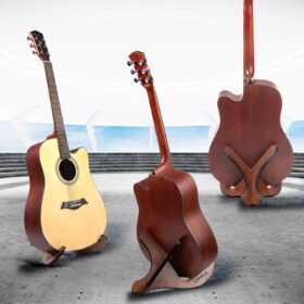 CAHAYA Wooden Guitar Stand – Portable X-Frame Floor Holder for Acoustic, Classical & Electric Guitars with Scratch-Free Leather Edges