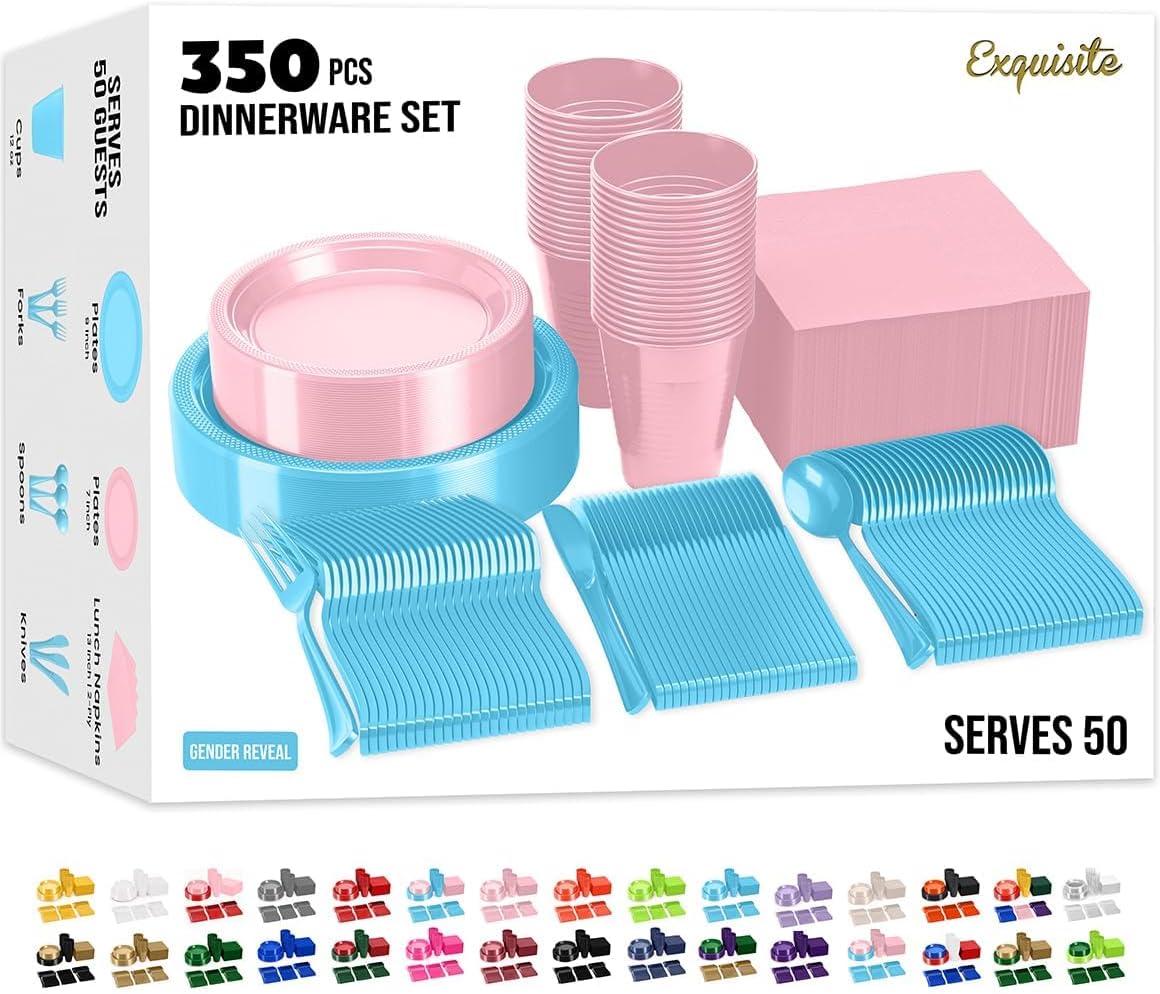 350-Piece Gender Reveal Party Supplies Kit - Complete Disposable Dinnerware Set with Dinner & Dessert Plates, Cups, Napkins & Cutlery for Baby Showers