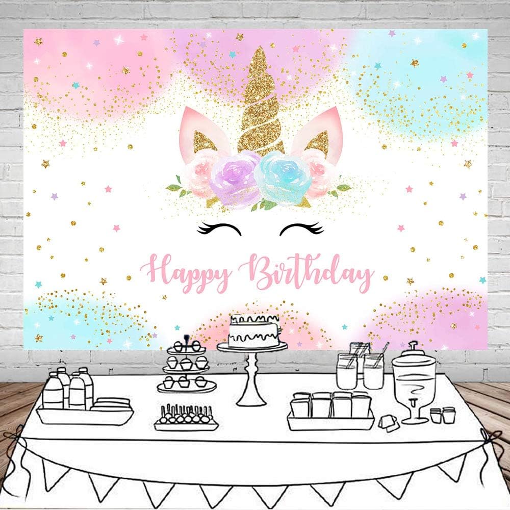 Mocsicka Unicorn Backdrop for Girls Birthday Party Decorations - 5x3ft Pastel Rainbow Photography Banner with Glitter Stars & Dots