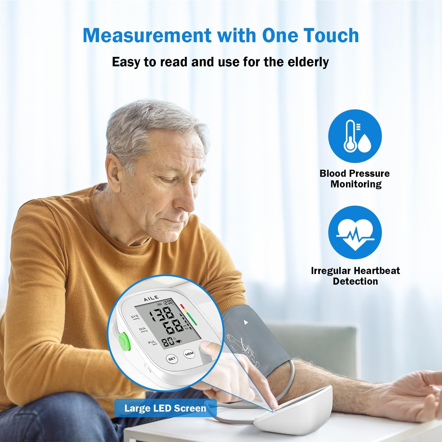 AILE Fully Automatic Upper Arm Blood Pressure Monitor with Large Adjustable Cuff (8.7"-16.5") - Dual User Memory & High Precision LCD Screen for Home Use