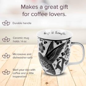 Karma Gifts Black and White Boho Hummingbird Mug – 16 oz Ceramic Coffee & Tea Cup, Bohemian Art Design, Microwave & Dishwasher Safe Gift for Women
