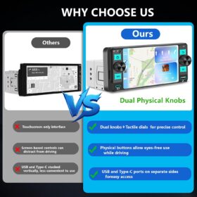 Single Din Car Stereo with Wireless Apple CarPlay and Android Auto – 5.7” HD Touchscreen Radio, Bluetooth 5.2, Backup Camera, GPS, and Mirror Link for Vehicle Upgrade