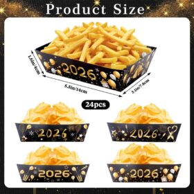 24-Pack Black & Gold 2026 New Year's Eve Party Food Trays - Disposable Paper Snack Boats for Hot Dogs, Tacos, Fries & Popcorn