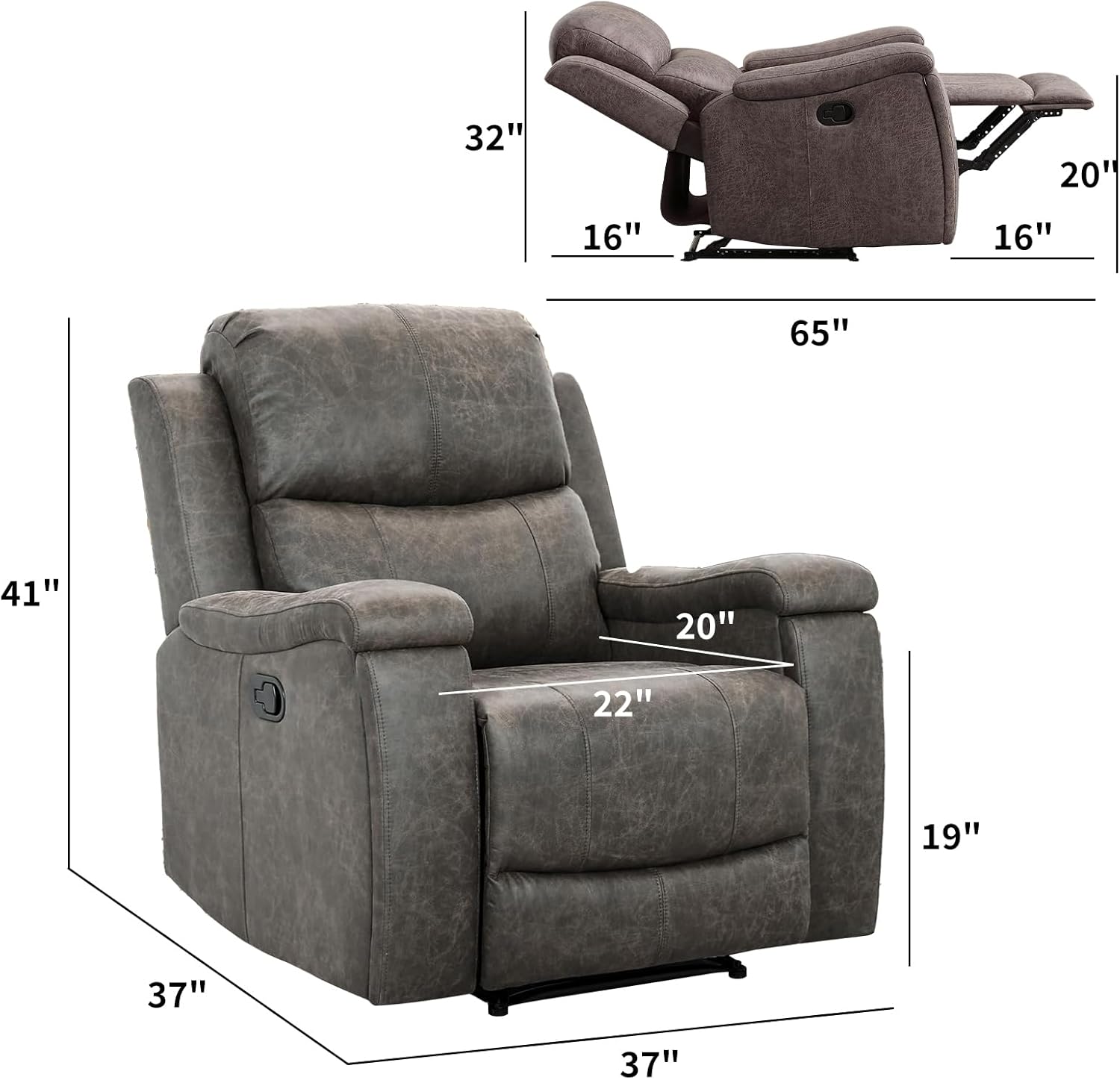 CANMOV Grey Leather Recliner Chair – Overstuffed Manual Reclining Sofa with Hidden Cup Holders and Lumbar Support