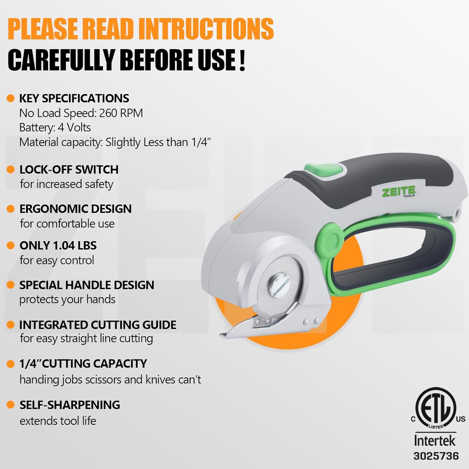 ZEITE 4V Cordless Electric Scissors - Rechargeable Rotary Cutter for Cardboard, Fabric, Carpet, and Hard Materials with Safety Lock, Auto-Sharp Blade & USB Cable (Gray)