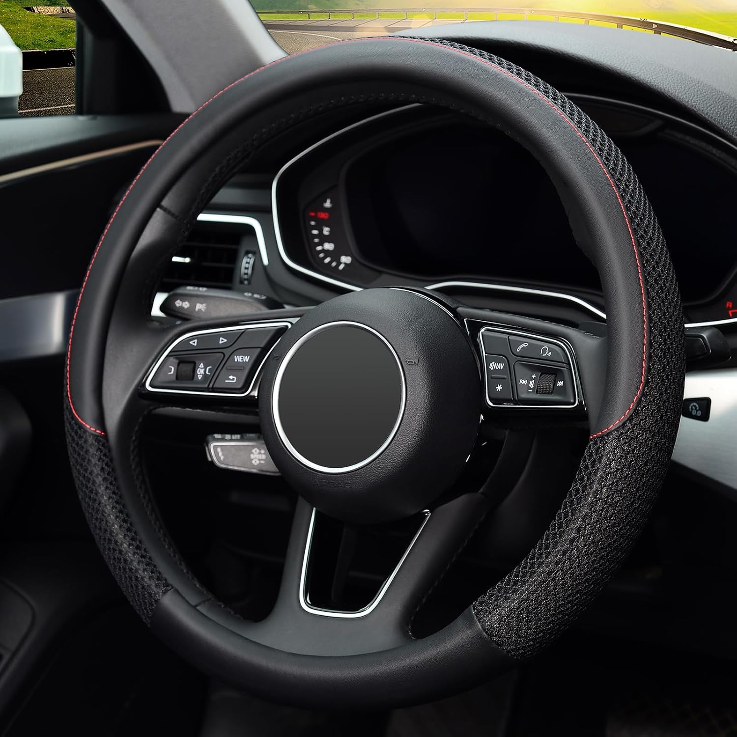 KAFEEK Premium Microfiber Leather Steering Wheel Cover – Universal 15 Inch Breathable, Anti-Slip Grip for All Seasons (Black)